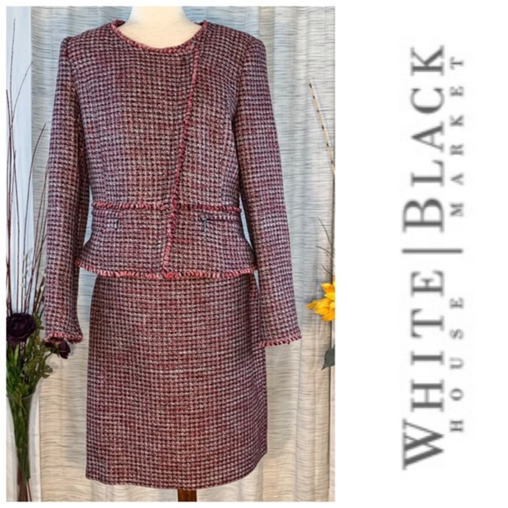 WHBM reddish 2-piece tweed skirt and jacket suit set.